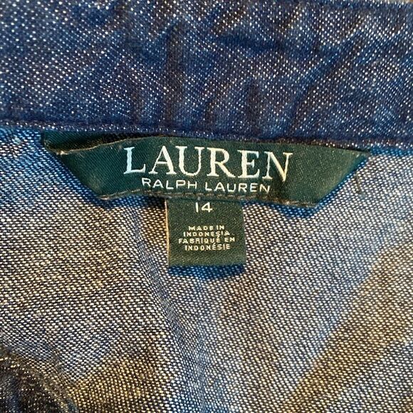 Lauren Ralph Lauren Denim Shift Dress Size 14,Lace-Up Neckline, Embroidery - Picture 9 of 10